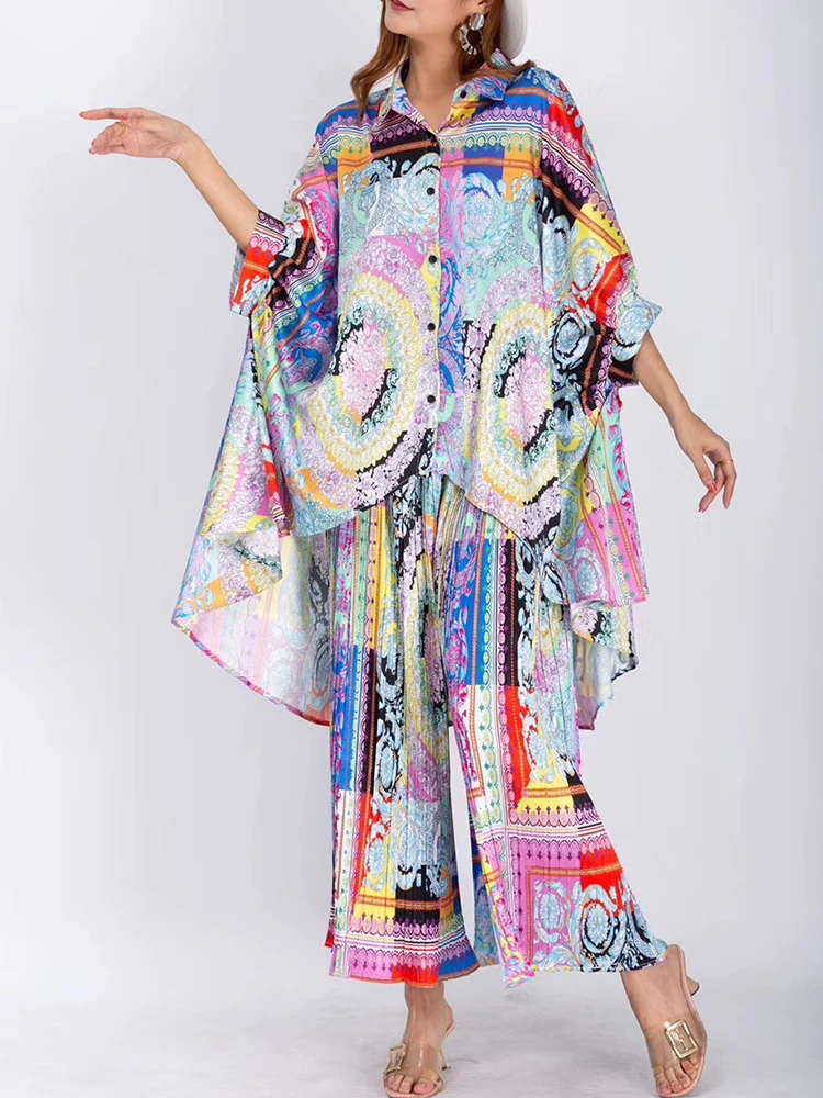 

Multicolor Printed Loose Irregular Shirt Two-piece Set Women's Autumn New Style + Elastic Waist Wide Leg Pants Suit Plus Fat XL