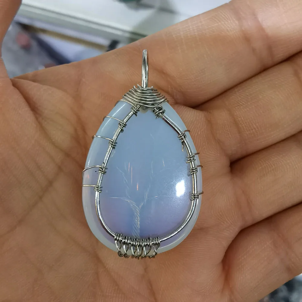 

Good quality opal stone pendants alloy Wire Wrap handmade tree of life drop shape free shipping Wholesale 4pcs/lot