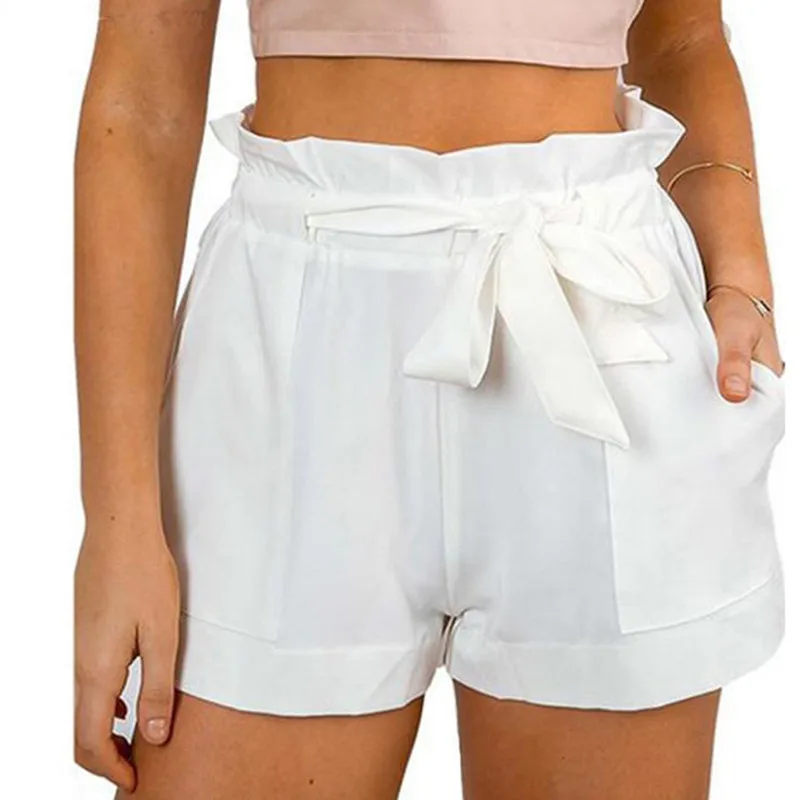 

Women High Waist Shorts Summer Bow Tie Belt Shorts Ladies A-Line Hot Loose Solid Color Shorts Mujer Femme Feminine