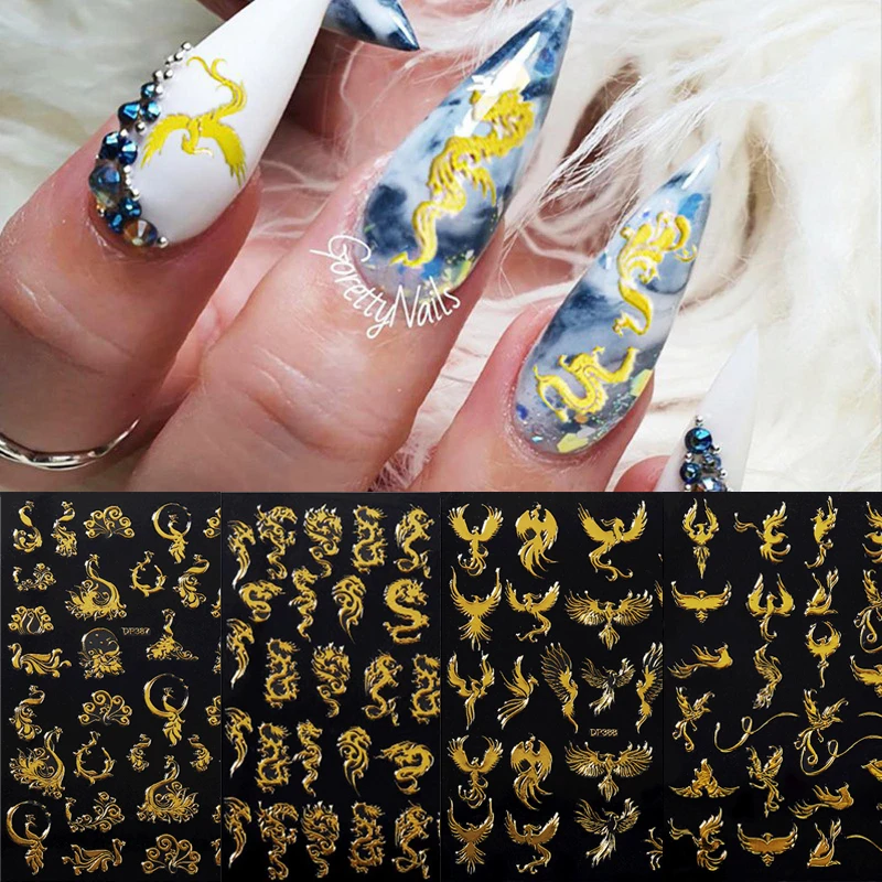 

3D Dragon Nail Art Stickers Chinese Characters Phoenix Design Transfer Decals Gold Gradient Nail Decorations Slider Manicure