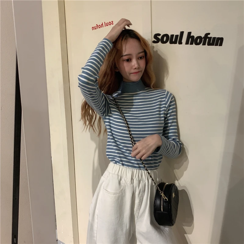 6 цветов осень 2019 корейский стиль водолазка тонкие футболки с длинными рукавами