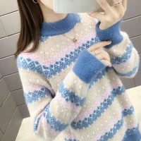 women oversize sweater long sleeve pullover jumper 2021 winter thick loose warm plush clothes female elegant vintage striped top
