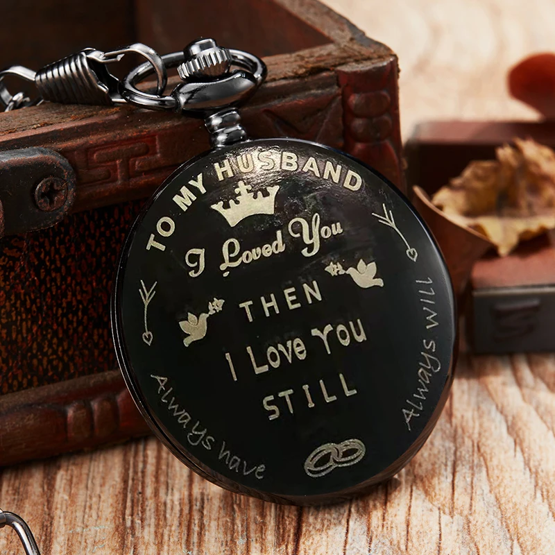 black Карманные часы с надписью «I LOVE YOU» и лазерным гравированный брелок с цепочкой, черные мужские кварцевые часы на день отцов - Цвет: black