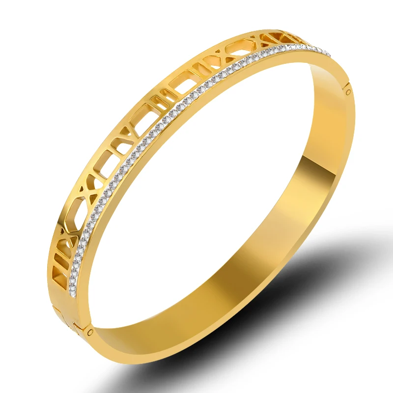 

Vintge Hollow Roman Letter Row Crystals Bangles & Bracelets For Women High Polish Fashion Bangles Stainless Steel Jewelry Gift