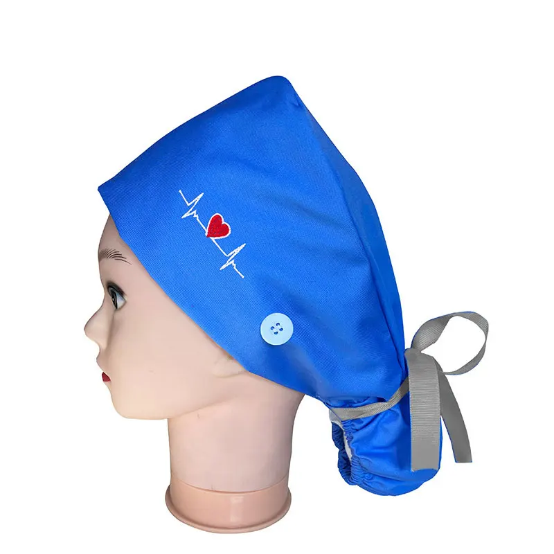 

New Scrub Nurse Hat With Buttons Heartbeat Surgery Hat Cap Fashion Multicolor Nurse Scrub Cap Adjustable Bandage Work Hat 2021