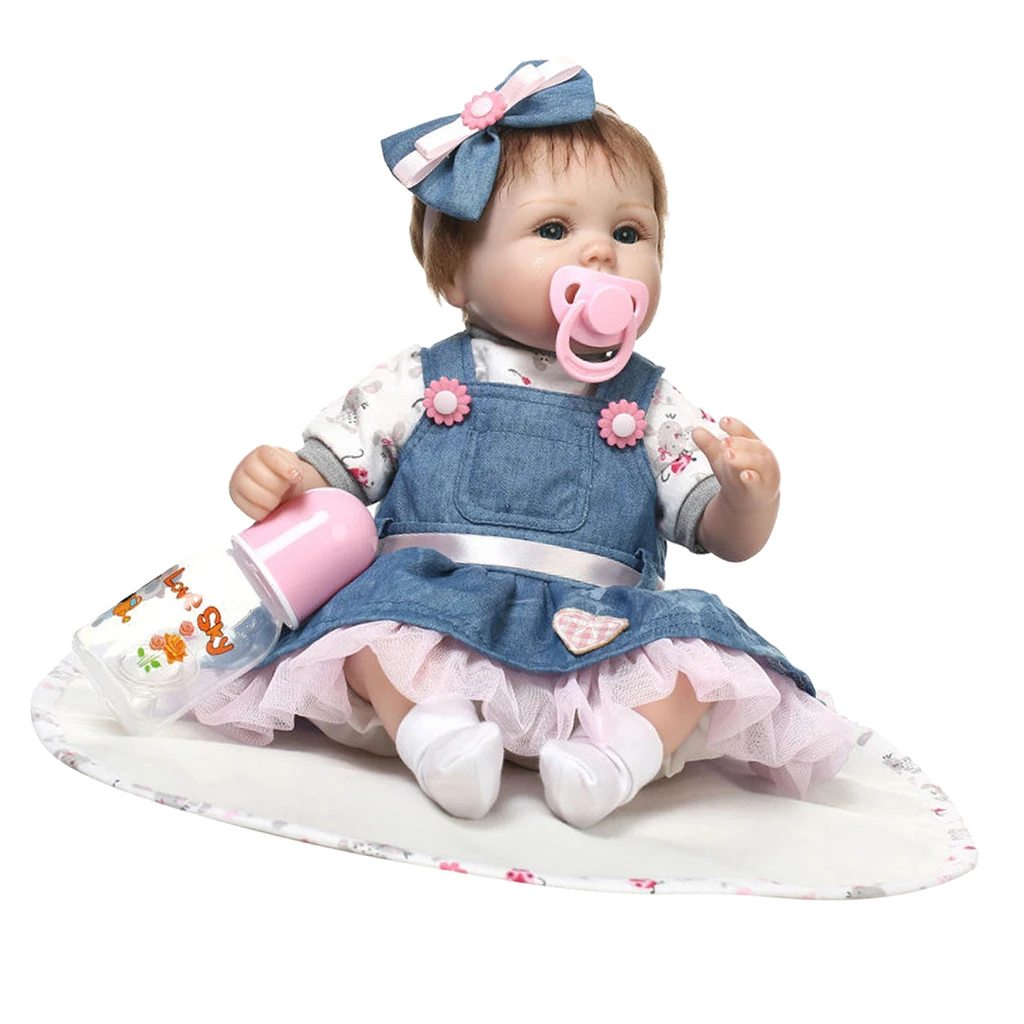 

17inch Reborn Doll Newborn Baby That Look Like Life, Real Touch Silicone Head Limbs and Denim Dress Body, with Nursing Bottle