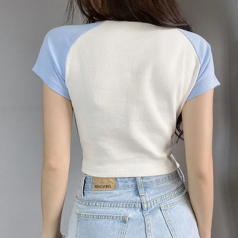 

Fashion Patchwork V-neck Knitwear Casual Daily Short Sleeve Slim Cardigan High Street Knitted T-shirt Summer Tops for Women 2021