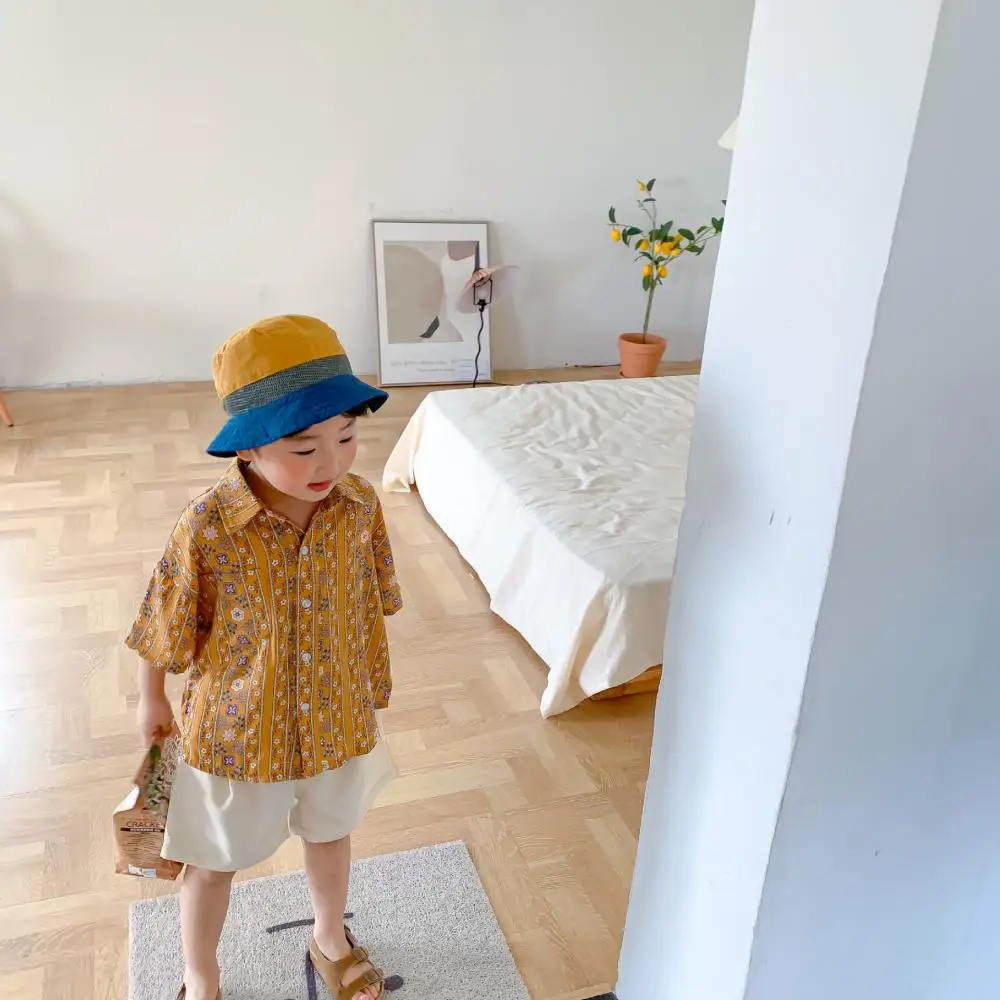 

2021 Summer Baby Boys Cotton Linen Shirts Korean Style Beach Tops Toddler Kids Long Sleeve Shirts Tops Children Clothes Boys Tee