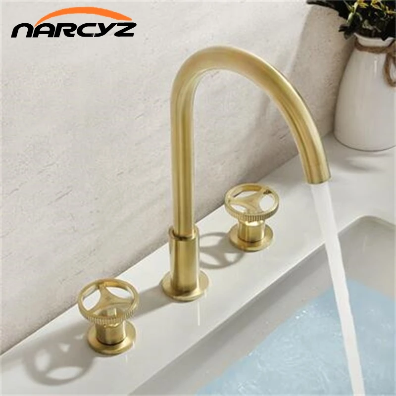 Basin Faucet Brushed golden color split Double handle bathroom washbasin three-hole faucet Hot and Cold water ZFL9999 | Обустройство