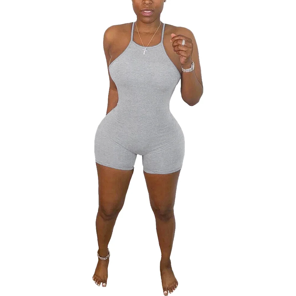 

7DN8387 Summer Women Sexy Jumpsuit Solid Skinny Spaghetti Strap Playsuit Rompers Plus Size