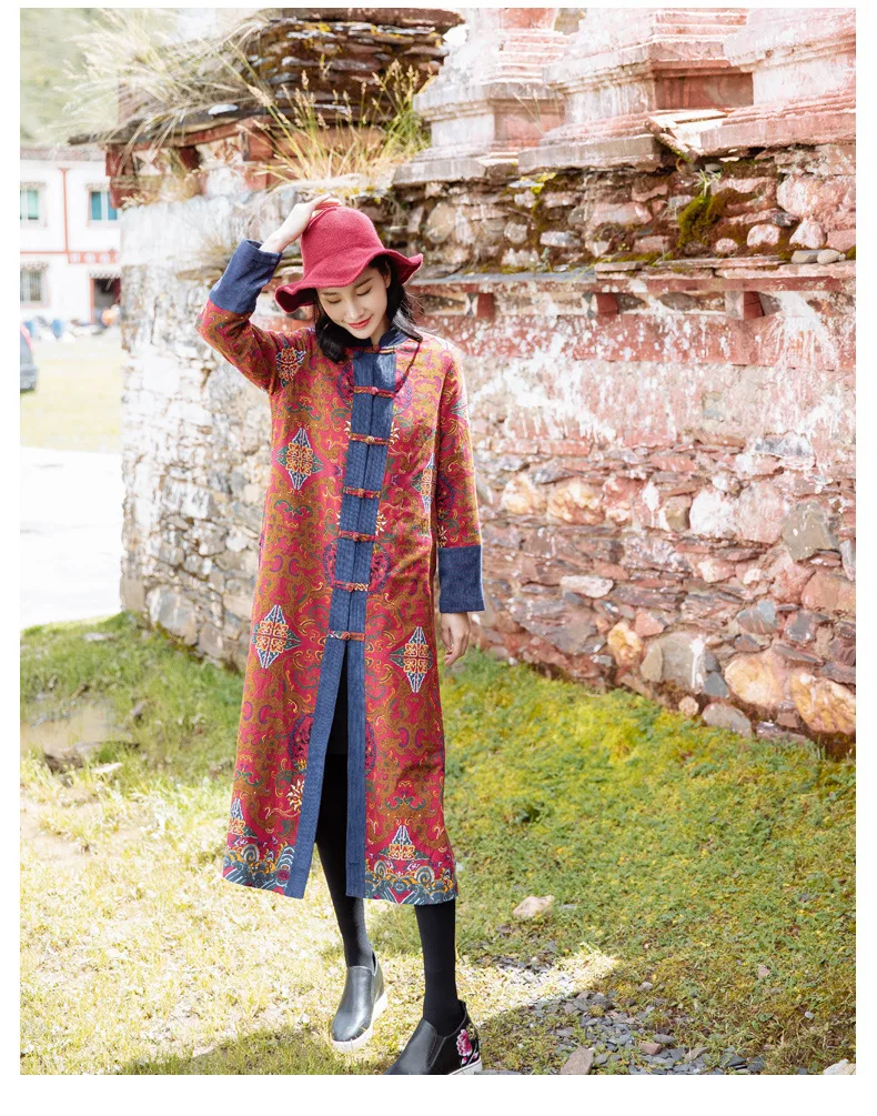 Autumn and winter Tibetan style women's clothing retro Chinese style Tang style coat Chinese style long loose windbreaker
