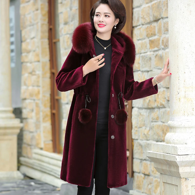 Winter Jacket Women Fashion Fox Fur Collar Winter Fur Coat Ladies Slim Long Windproof Warm Outerwear Sheep Shearing Hooded Coats