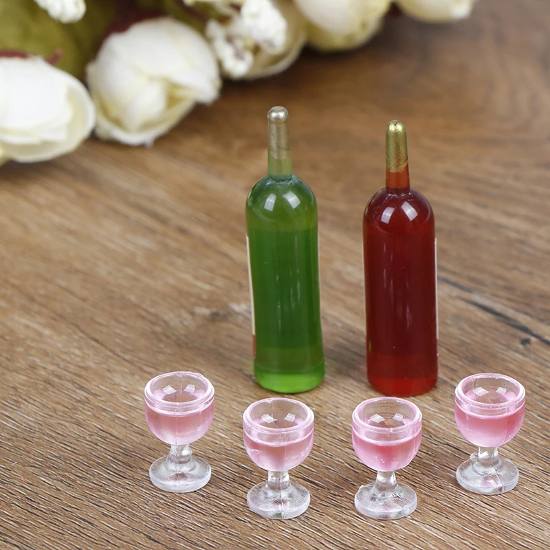 

6Pcs/Set MINI Wine Bottle With Four Wine Glass Model Pretend Play Food Doll Fit Toy Accessories Dollhouse Miniature