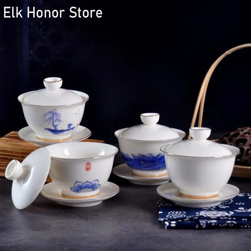 

180 мл бараний Жир нефрита Чай супница ручной работы лотоса глазури Sancai Чай чашки Чай чаша чашка с блюдцем крышкой мастер бытовой путешествия...