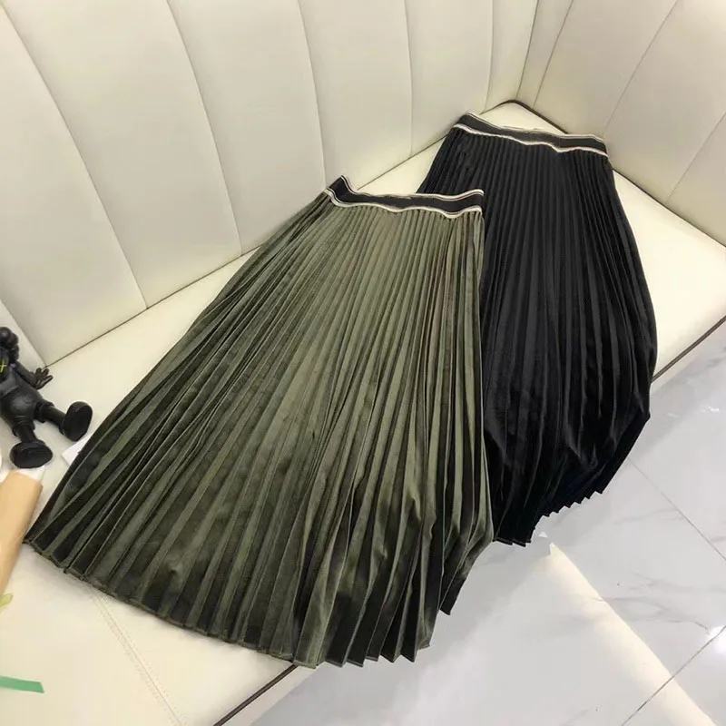 

2021 Spring Woman's Skirts 2 Colors Peplum Hign Quality Pleated Skirt Elegant Black Green Base A-Line Skirt