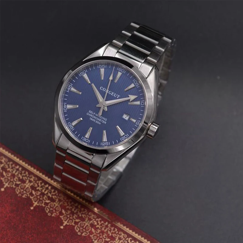 Роскошные мужские часы Corgeut 41 мм с синим циферблатом автоматические календарем