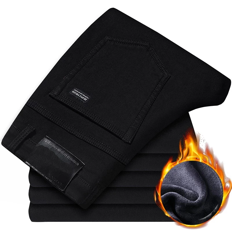 Мужские теплые облегающие джинсы черные эластичные брюки из плотного флиса на