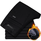 Мужские теплые облегающие джинсы, черные эластичные брюки из плотного флиса на зиму, 2021