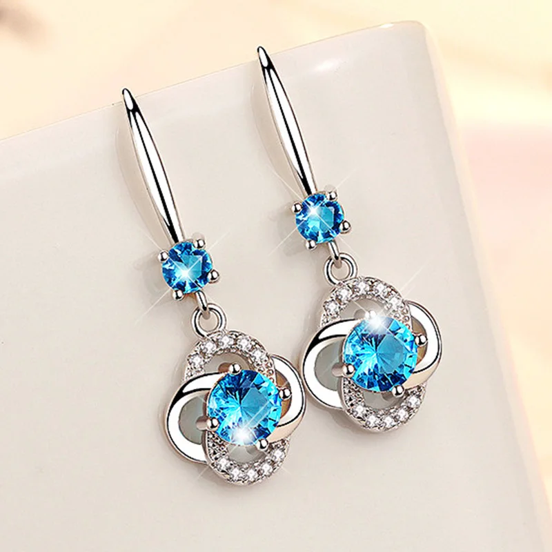 

S925 sterling silver earrings for women Natural zircon crystal net red temperament earring Four-leaf clover earring fine jewelry