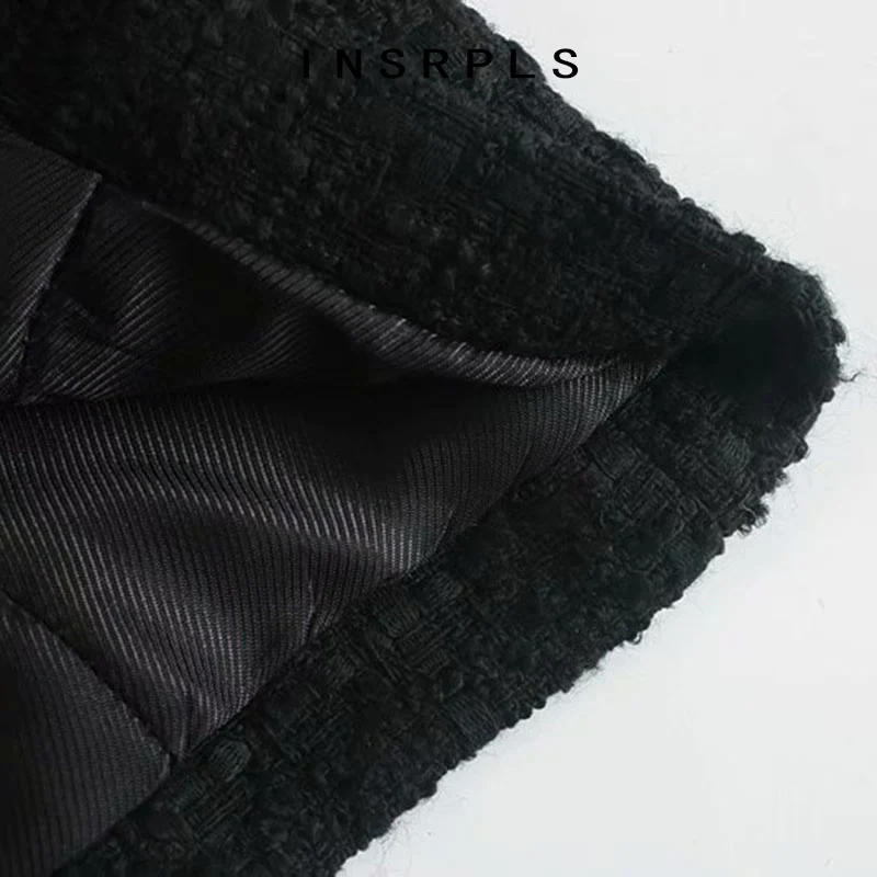 

INSRPLSWomen Fashion Double Breasted Tweed Cropped Blazer Coat Vintage Long Sleeve Pockets Female Outerwear Chic Tops