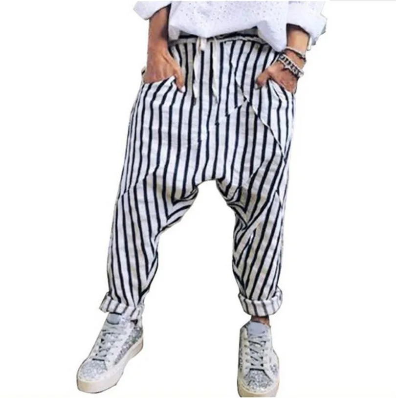 

Trendy Fashion Striped Lace Up Slim Foot Cotton Hemp Harun Casual Slacks Modern