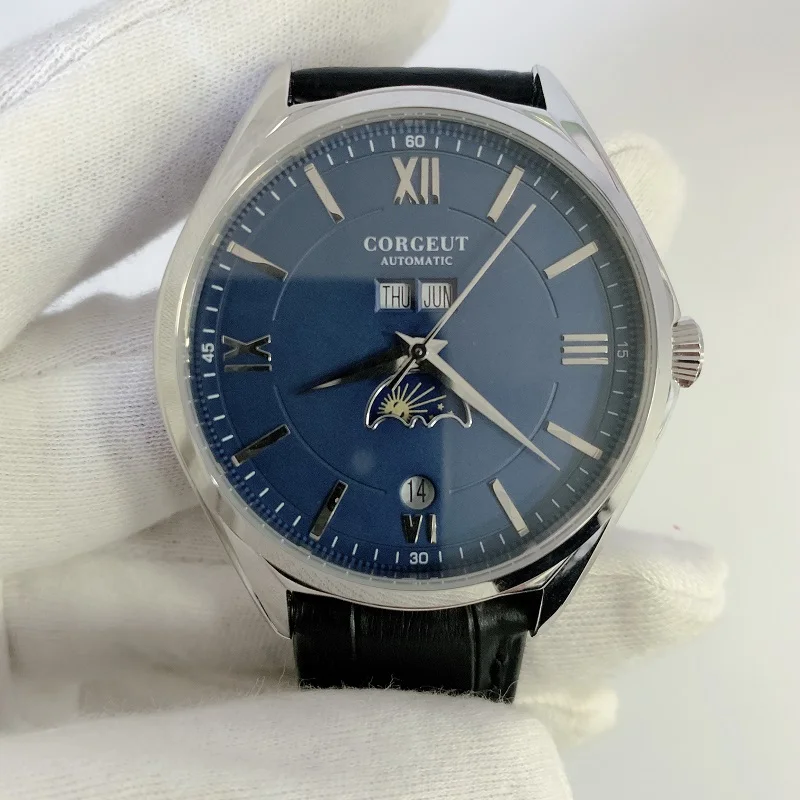 Corgeut 41 мм Moon Phase fashtion автоматические мужские часы Механические наручные