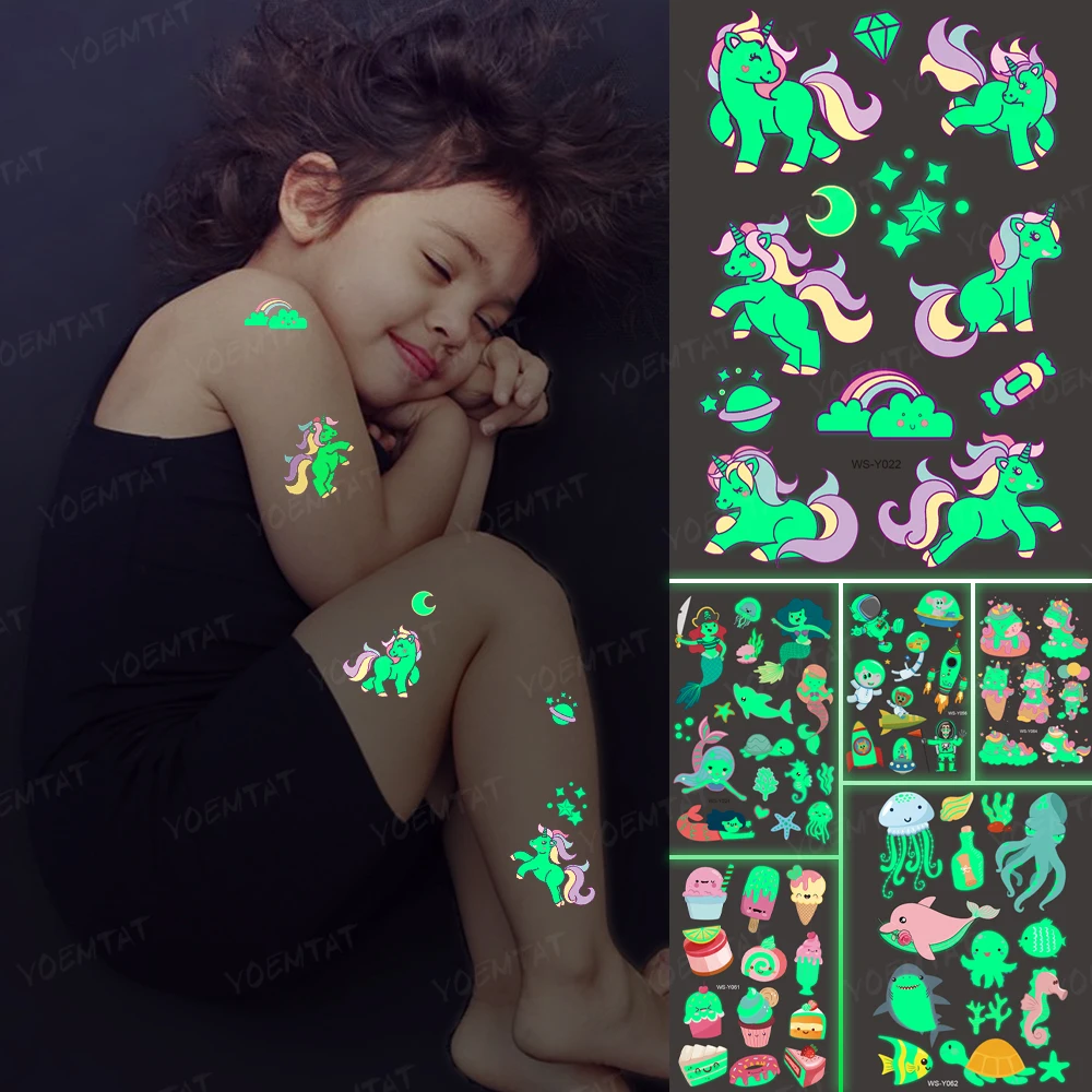 

Luminous Night Tattoo Stickers Unicorn Pony Stars Children Temporary Waterproof Moon Tatto Body Art Cute Kid Cartoon Fake Tatoo