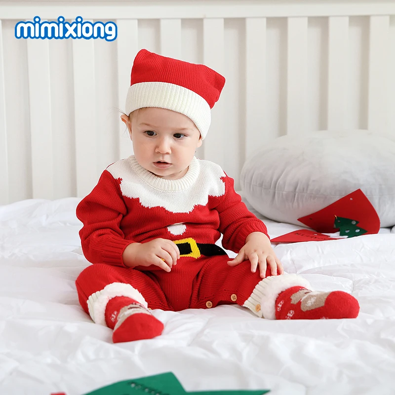 

Winter Warm Knitted Baby Boys Girls Rompers Hats Clothes Sets Red Santa Claus Newborn Infant Unisex Jumpsuits Outfits 2pcs Wear