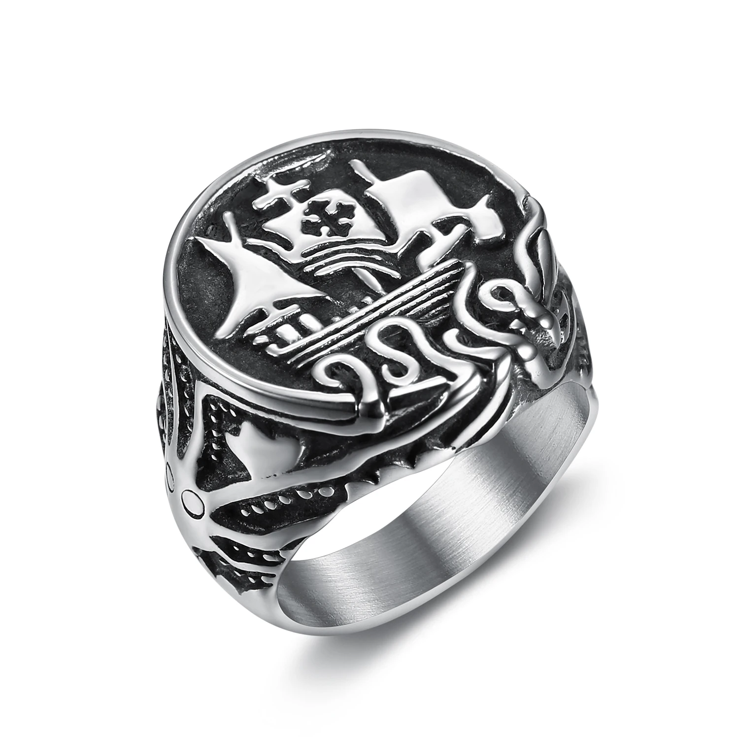 

Retro Nordic Viking Pirate Sailboat Punk Gothic Ring Men Stainless Steel Templar Cross Octopus Kraken Biker Rings Rock Jewelry