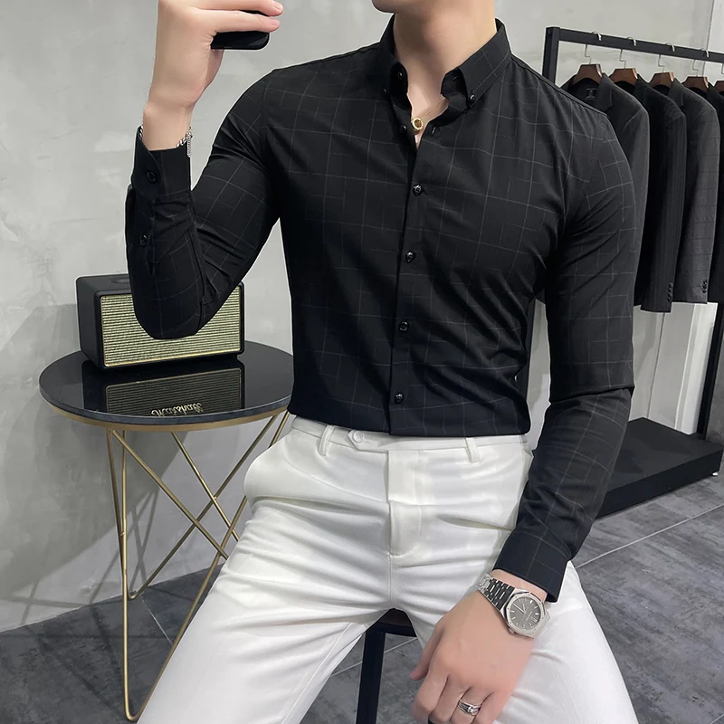 

Gzdeerax Autumn Winter Male Shirts Luxury Long Sleeve Business Casual Men's Shirts Fashion Slim Fit Plaid Man Shirts 4XL