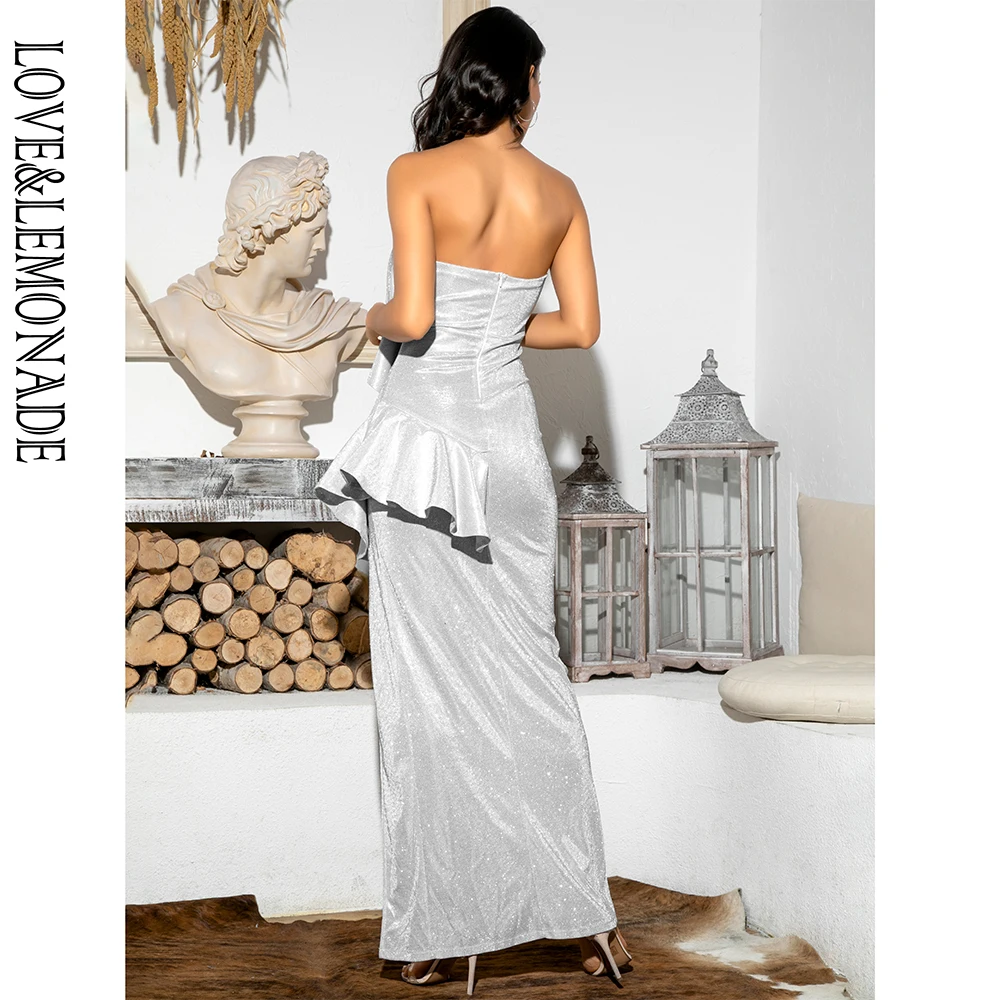 Женское вечернее платье макси LOVE &amp LEMONADE серебристое с оборками и плиссированным