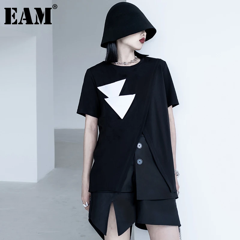 

[EAM] Женская белая Асимметричная Повседневная футболка контрастных цветов, новая модная футболка с круглым вырезом и рукавами-крылышками, в...