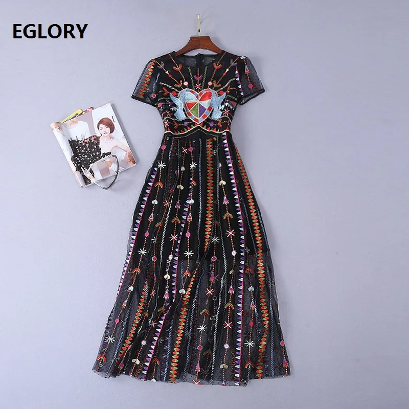 Женское винтажное платье с коротким рукавом черное Сетчатое до середины икры