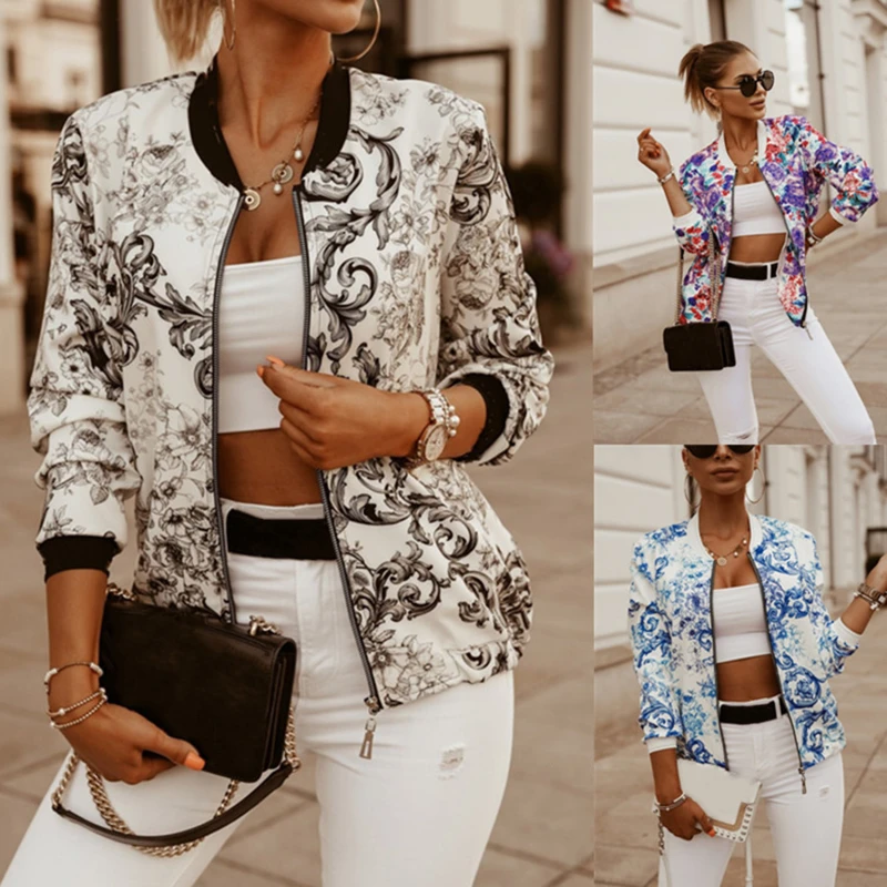 Flower Print Long Sleeve Women's Bomber Jacket Fashion Zipper Up Vintage Coat Tops Elegant Slim Basic Ladies Jackets leopard flower print plus size baseball basic women s jacket round collar button thin bomber jackets long sleeves girl coat