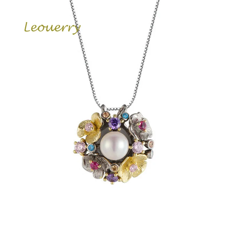 

Leouerry 925 Sterling Silver Bauhinia Wreath Pearl Pendant Natural Big Freshwater Pearl Cz Pendant for Women Pearl Jewelry