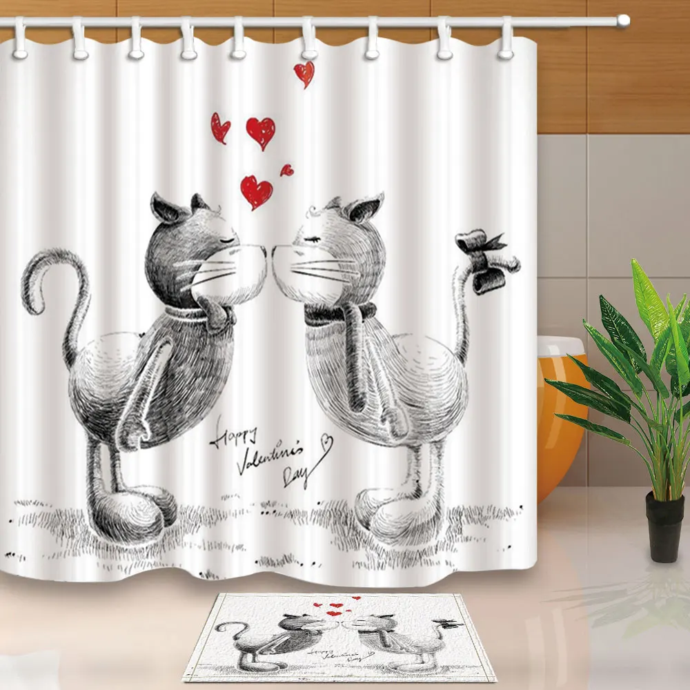

New Modern Cartoon Style Shower Curtain Sketch Cat Love Bath Screen Home Decoration Waterproof and Mildewproof 10 Hooks