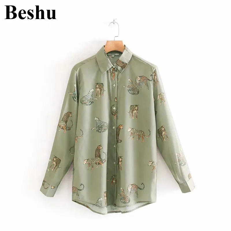 Модная рубашка za с животным принтом зеленая шифоновая женская блузка отложным