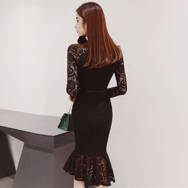 

2021 Autumn Ladies Bandage Bodycon Sexy Party Dress Vintage Lace Mermaid Dresses O Neck Long Sleeve Womens Dress Office Vestidos