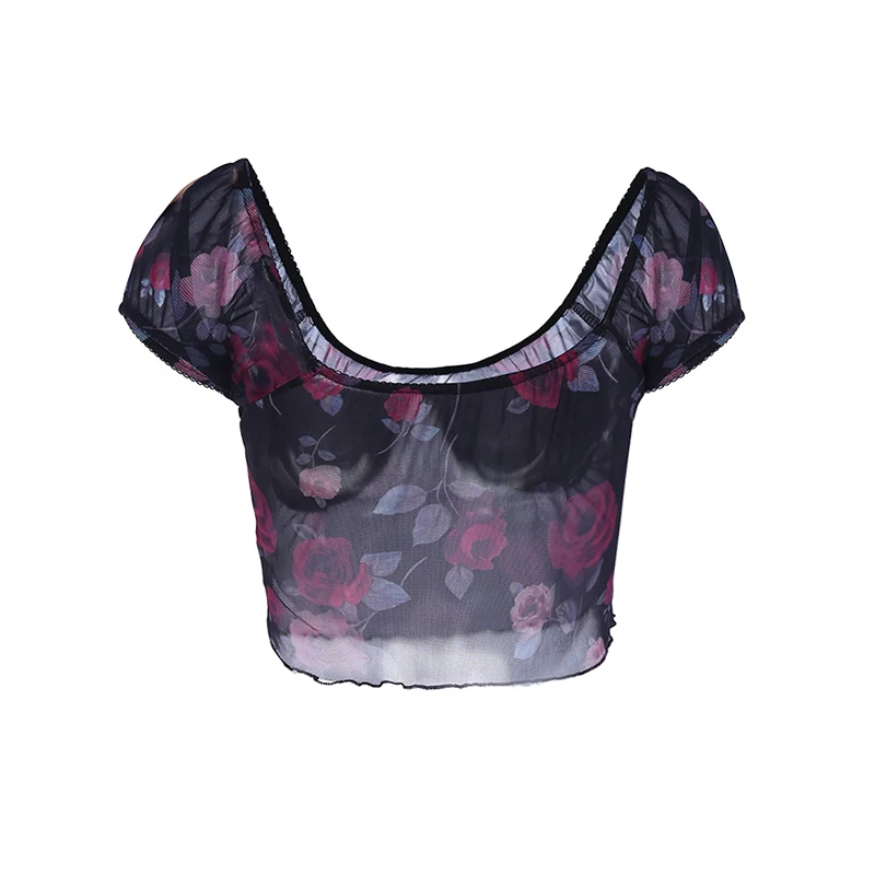 

Sexy Perspective Women's Crop Top Flower Print Fashion Female Blouses Slim Shining 2021 Summer All-match New Woman Blouse Y2k