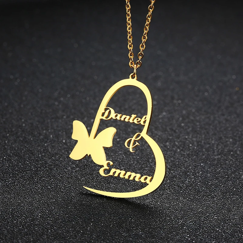 

Fashion Butterfly Heart Pendants Custom Two Name Necklaces Personalized Lovers Gold Silver Hearts Choker Handmade Jewelry Gift