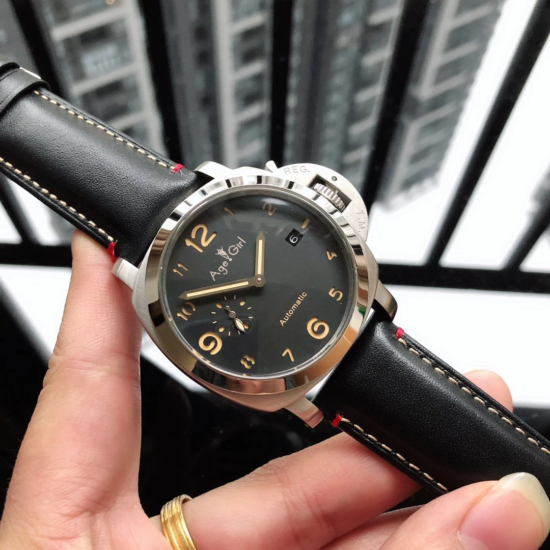 

Classic New Men Automatic Mechanical Sapphire Stainless Steel 1950 3 Days Luminous Black Leather Watch Number Dial 44mm