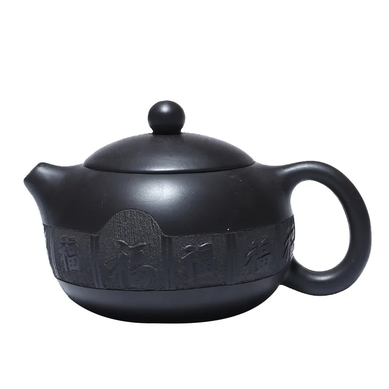 

Yixing Zisha teapot raw ore black mud carving Xishi teapot suit kungfu tea set goods