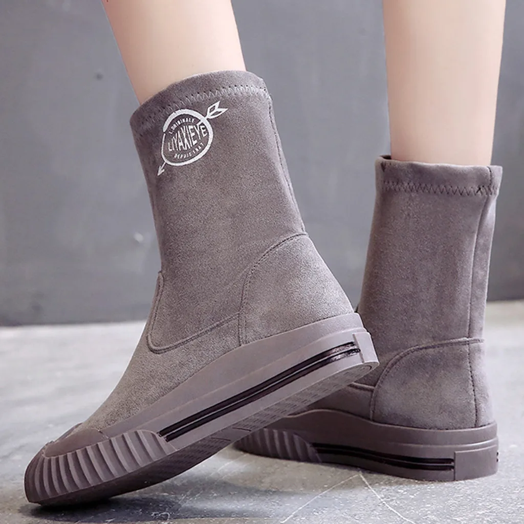 2019 Hot Sale Winter Mid Boots Women's Leisure Solid Round Toe Slip-On Flat Shoes Female Ladies Letter Prints Flock | Обувь