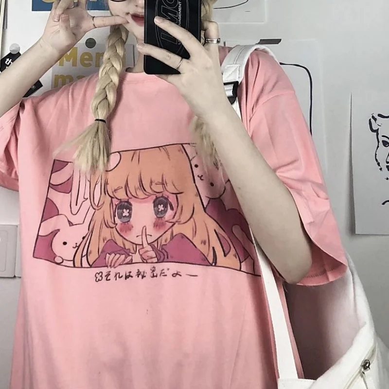Японский мультфильм kawaii для девочек в винтажном стиле Сезон лето детские футболки панк с принтом размера