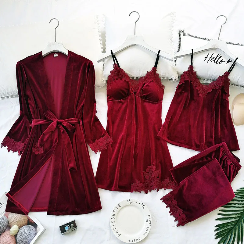 Женские пижамы сексуальный кружевной халат пижама золотой бархат 4 шт. пижамный