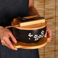 japanese ceramic ramen bowl with lid large noodles fruit soup bowls kitchen tableware bring wooden spoon chopstick eco friendly
