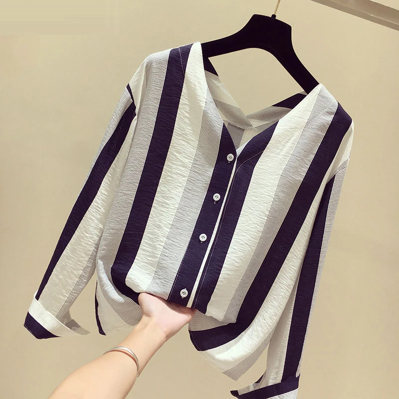 Женская блузка в полоску с длинным рукавом и V образным вырезом|Блузки| |