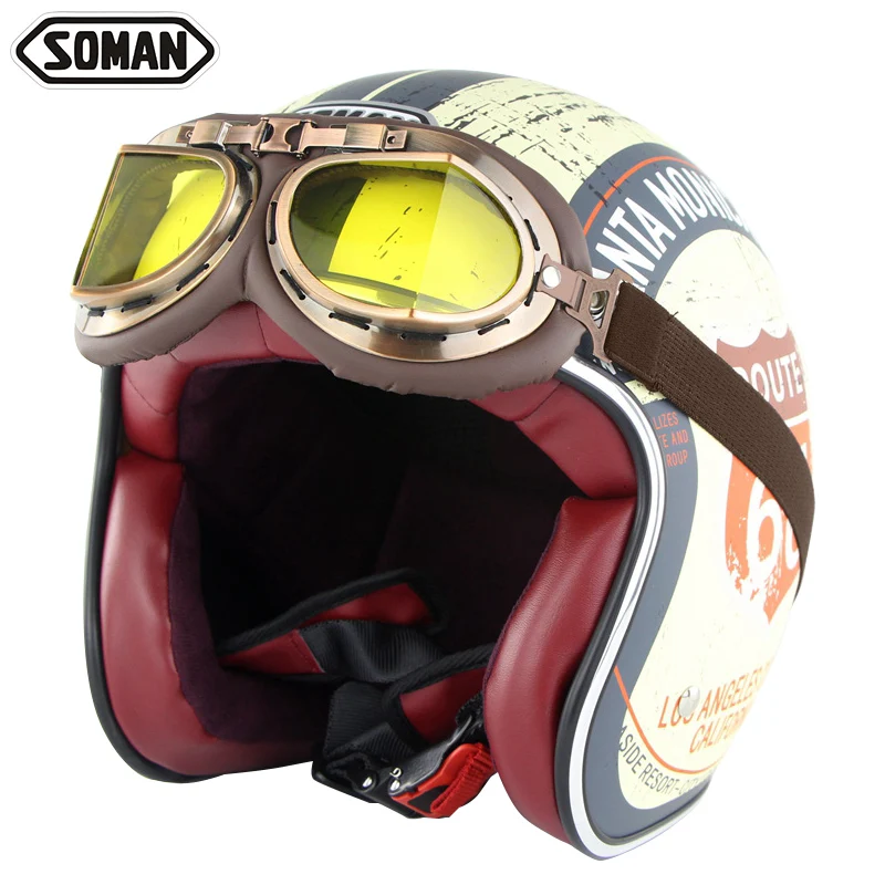 

Scooter Helmet 3/4 Open Face Motorcycle Chopper Helmet Retro Goggle Capacetes Vintage Casco Moto Leather Motorbike SM512