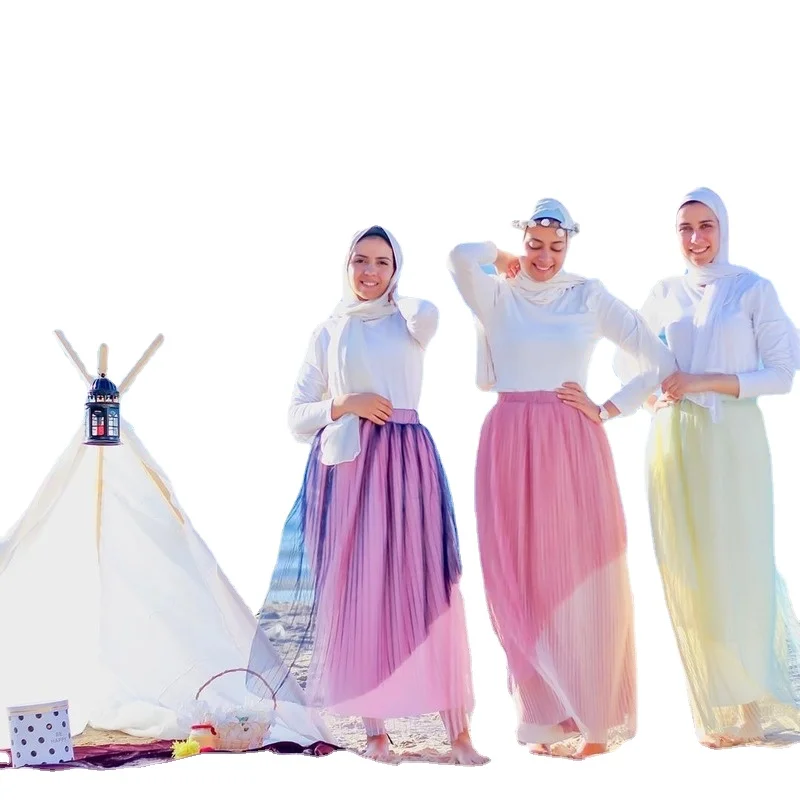 

Autumn New Muslim Double Pleated Color Mesh Elastic Waist Skirt Long Skirt