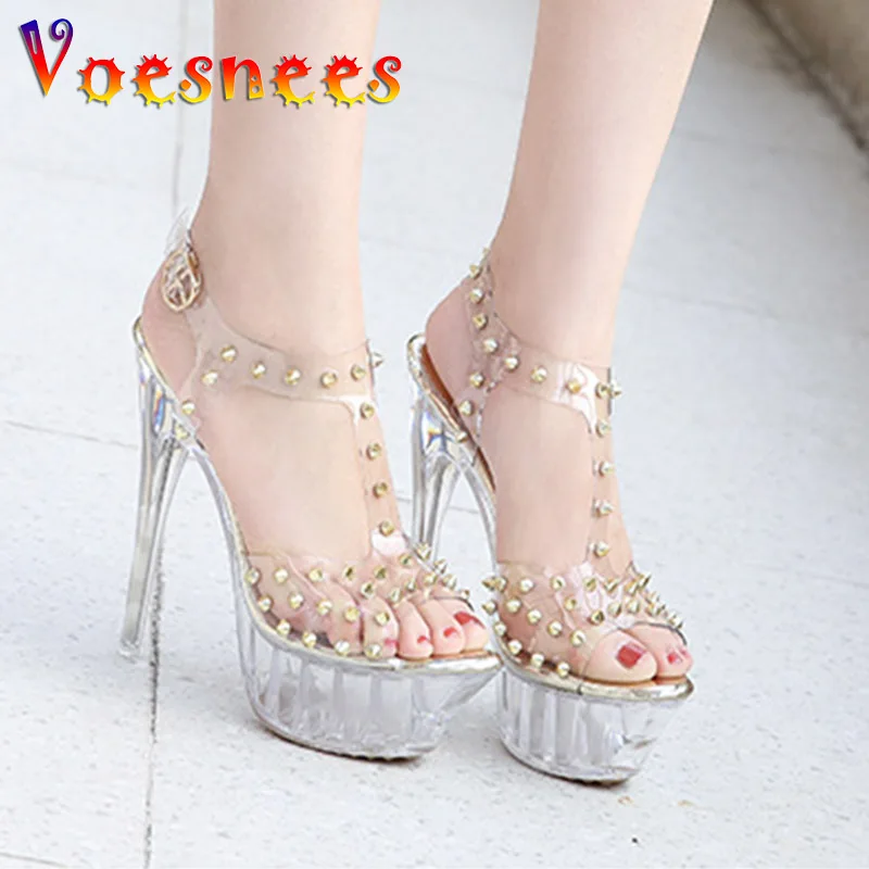 Босоножки женские из ПВХ на высоком каблуке 14 см прозрачные вечерние заклепками